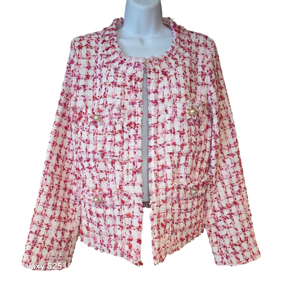 Euc Nanette‎ Lepore, pink and white open front cardigan blazer, sz 12